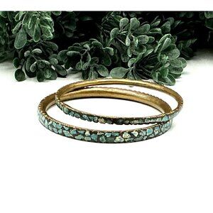 Vintage Brass and Turquoise Stone Inlay Bangle Bracelet Set